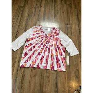 Ladies Large Blouse Pink White 3/4 Sleeve Alfred Dunner NWT Spring Colorful